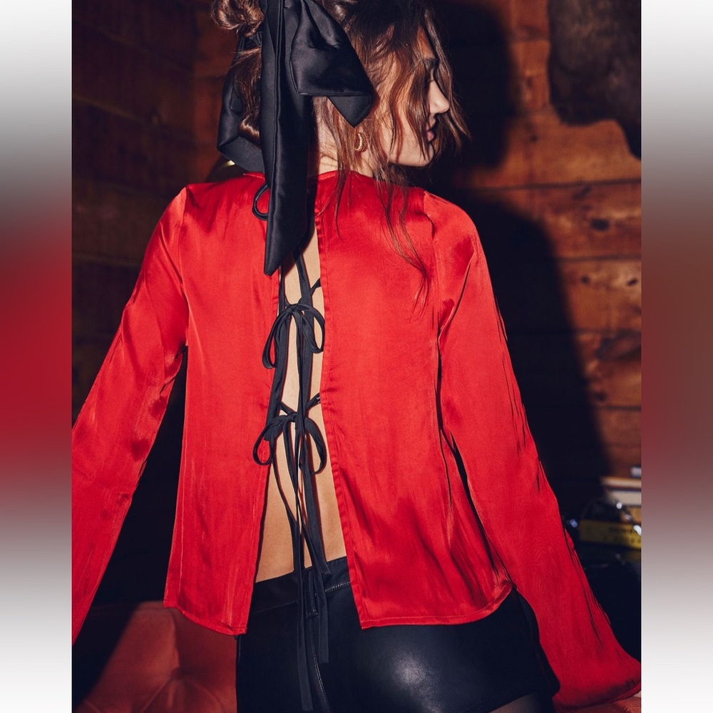 Free People Arabella Blouse Red Black Tie Back Bow NWT
